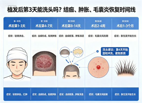 植发后第3天能洗头吗？结痂、肿胀、毛囊炎的真实恢复时间线大起底！