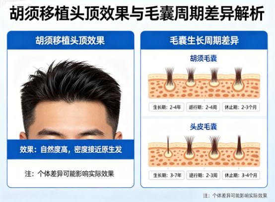 胡须移植头顶效果好吗？胡须毛囊与头皮毛囊的生长周期差异