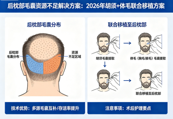 后枕部毛囊资源不足怎么办?2026年胡须+体毛联合移植方案