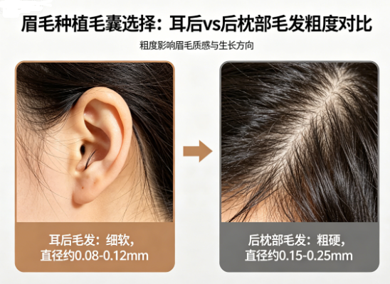 眉毛种植用毛囊选择:耳后毛发 vs 后枕部毛发的粗度对比